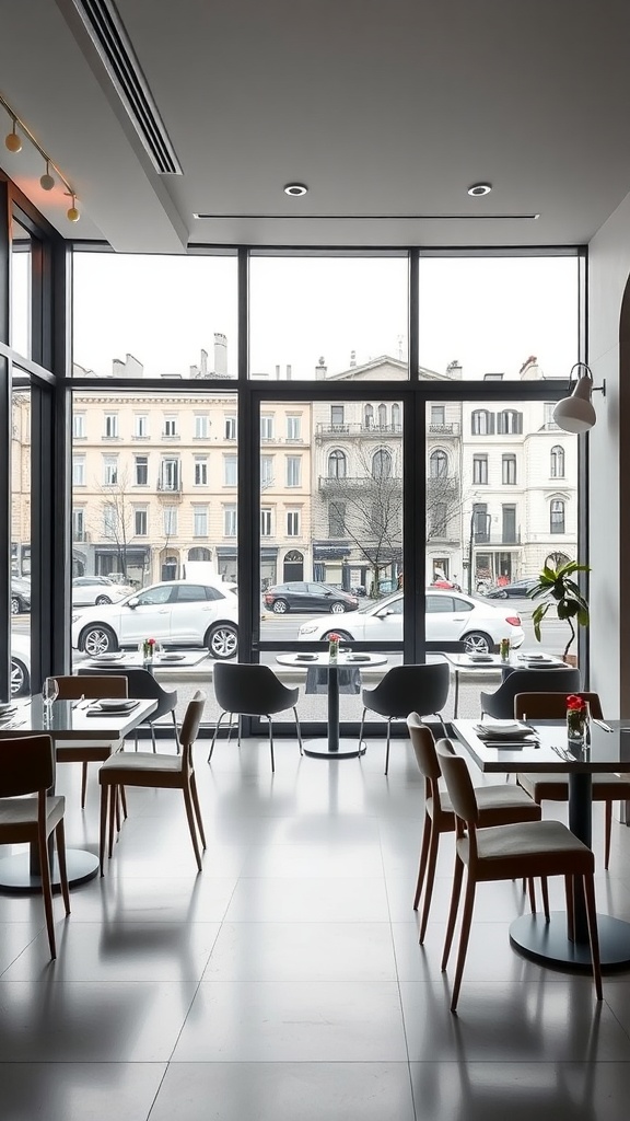 A modern dining room in Milan featuring large windows, minimalistic furniture, and a view of the streets outside.