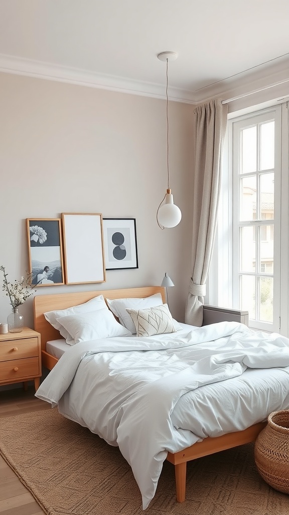 A contemporary Scandinavian designed bedroom featuring a wooden bed, light color palette, and minimalist decor.