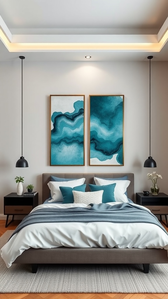 A contemporary teal art piece above a modern bed in a stylish bedroom