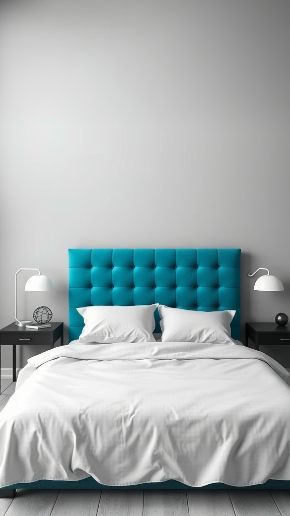 A contemporary teal headboard with a tufted design, paired with white bedding and black nightstands.