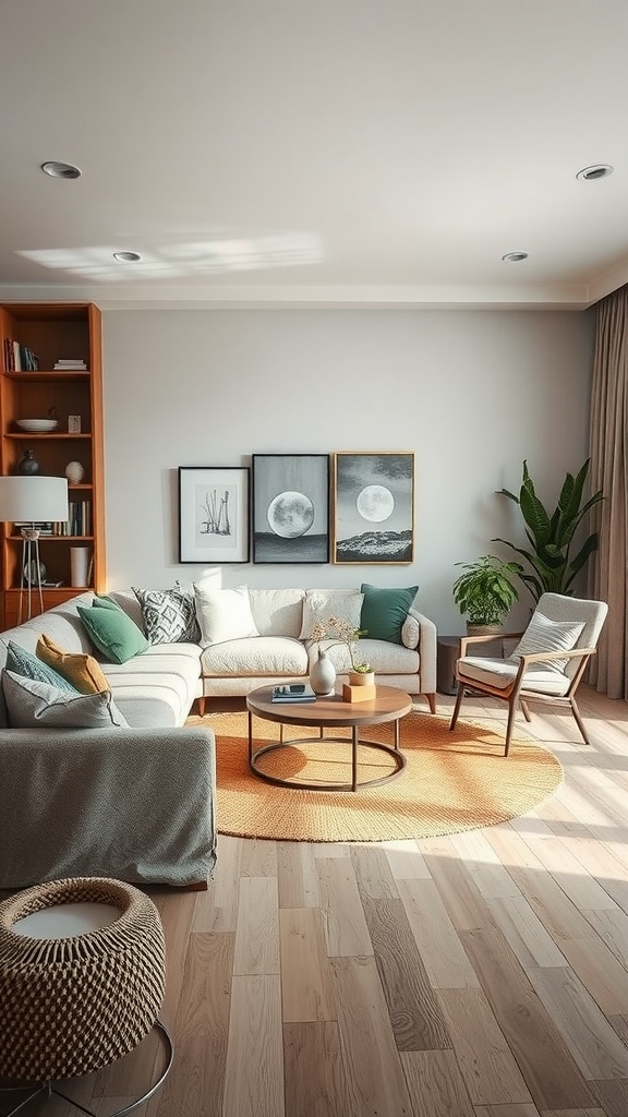 Cozy living room with soft seating, wooden furniture, and contrasting textures.