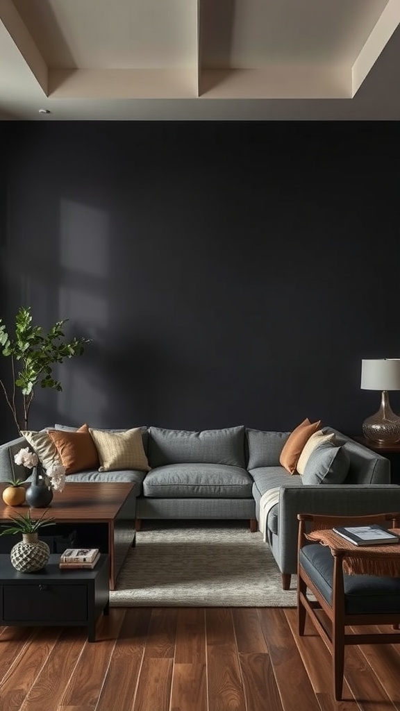 A contemporary living room with a dark statement wall, gray sectional sofa, and wooden accents.