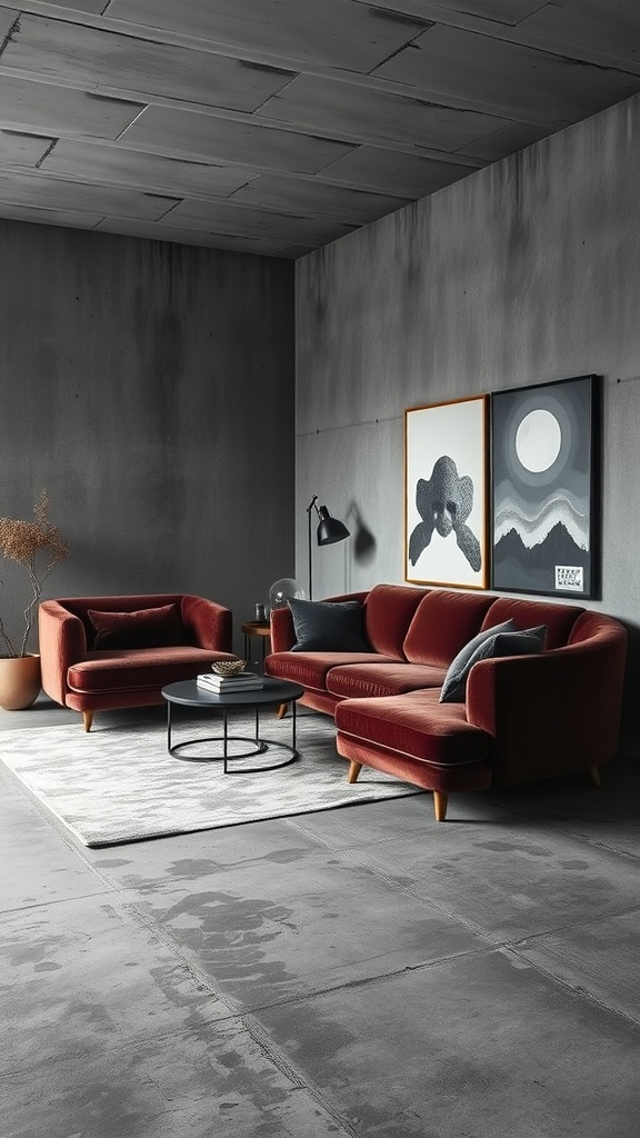 A modern living room featuring plush velvet sofas in rich red tones against concrete walls, with artwork and subtle lighting.