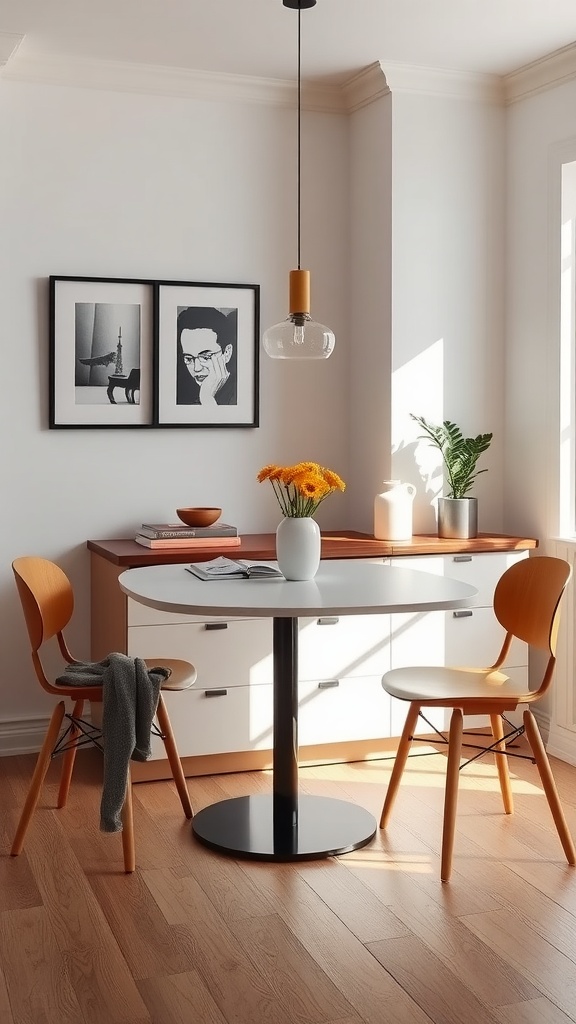 Cozy compact dining nook featuring a convertible console-to-dining table with two wooden chairs and decorative elements.