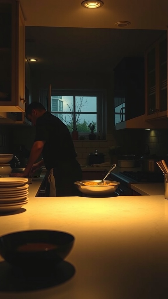 A person cooking in a dimly lit kitchen, showcasing the importance of proper lighting for cooking tasks.