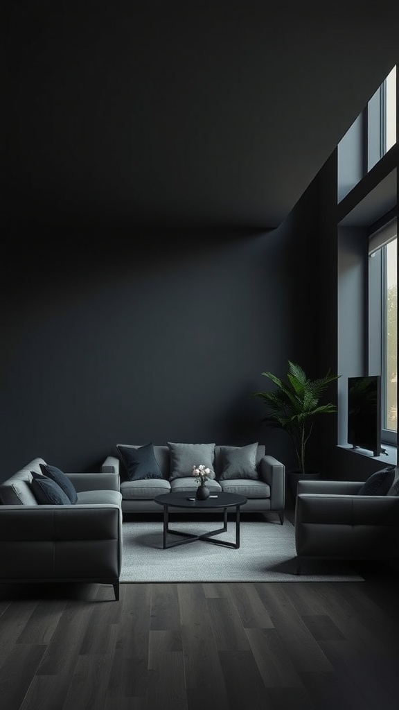 A modern dark room featuring gray sofas, a coffee table, and large windows allowing natural light.