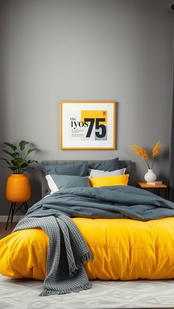 A stylish grey bedroom featuring a yellow duvet and decorative elements.