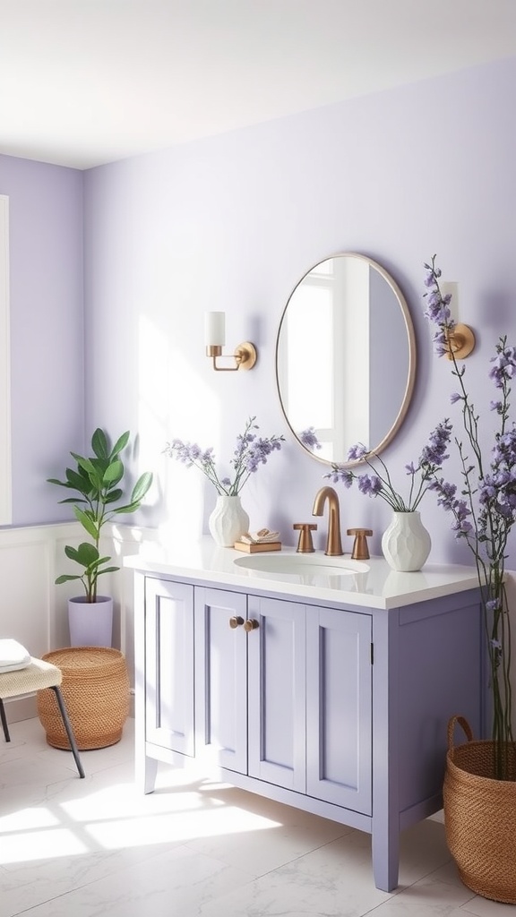 A bathroom featuring a cool lavender vanity, white countertop, and golden fixtures, complemented by plants and floral decorations.