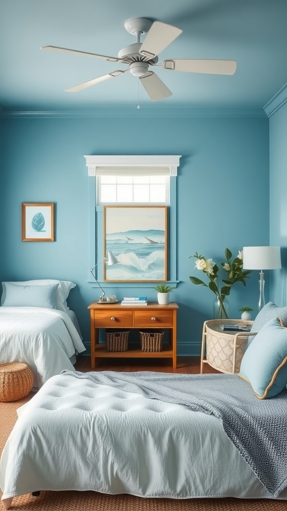 A cozy bedroom featuring Cool Ocean Blue walls, light bedding, and natural decor elements.