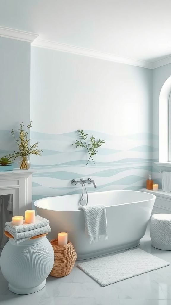 A serene bathroom featuring a freestanding tub and soft blue-gray walls with wave accents.