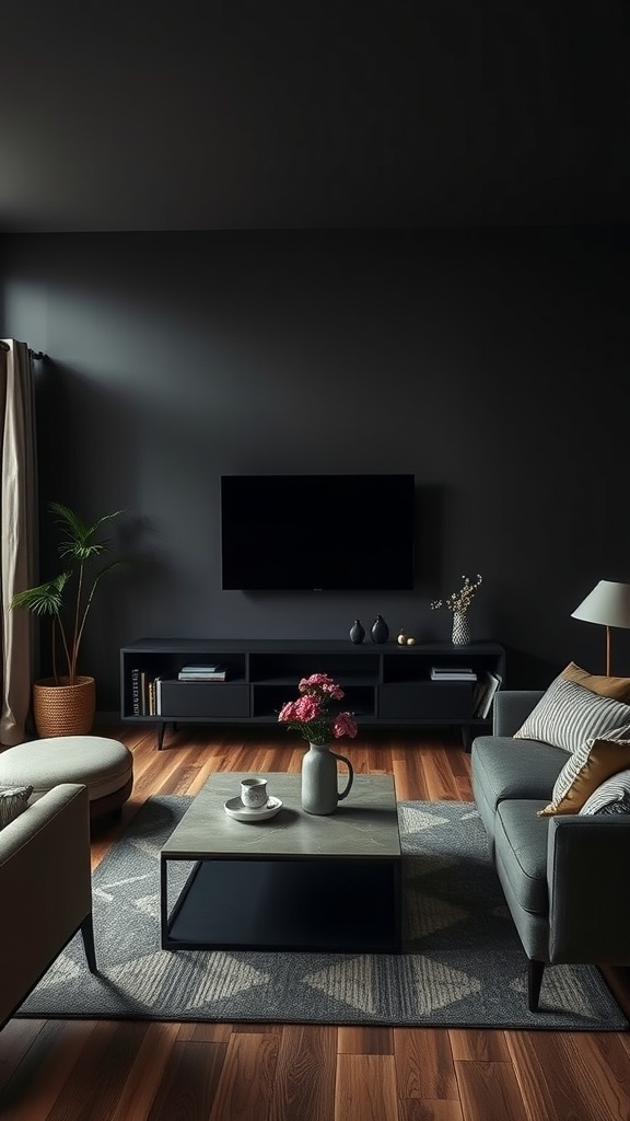 A modern living room with dark walls, stylish furniture, and a coordinated color palette.