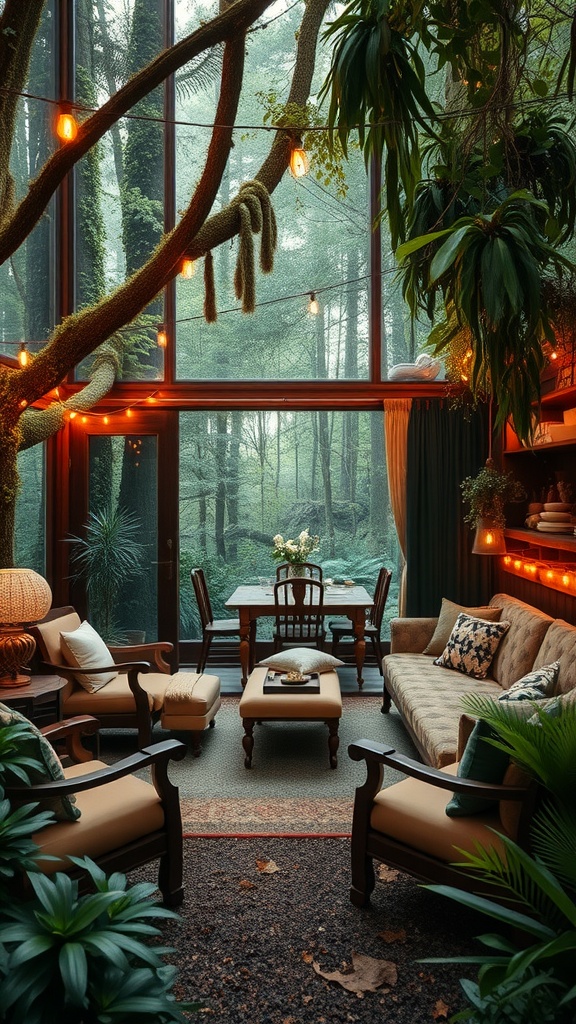 A cozy interior of a forest hideout featuring natural elements, warm lighting, and comfortable seating.