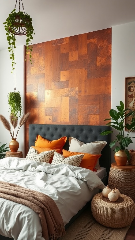 Cozy bedroom with copper patina accents and warm tones