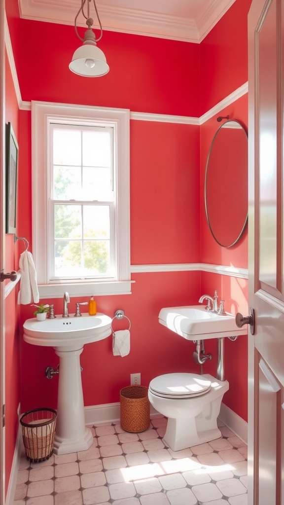 Small bathroom painted in coral with white fixtures and natural light