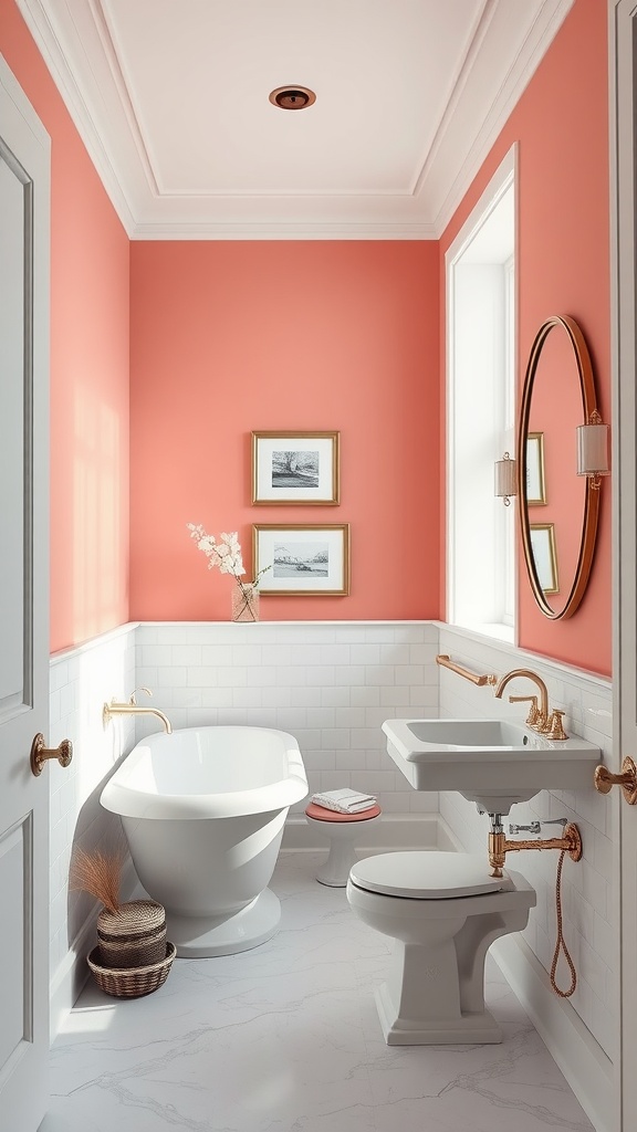 A bright bathroom with coral walls and white accents.