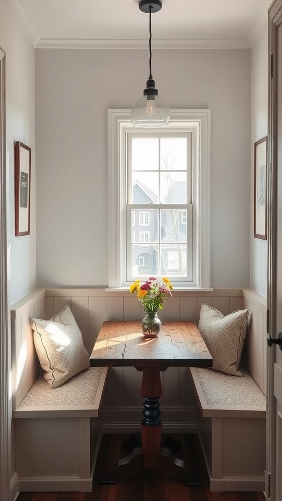 A cozy corner banquette seating area with a small table and a vase of flowers by the window.
