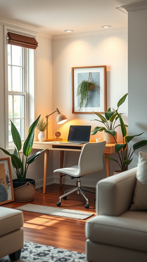Cozy corner desk nook in a living room with plants, a lamp, and a computer
