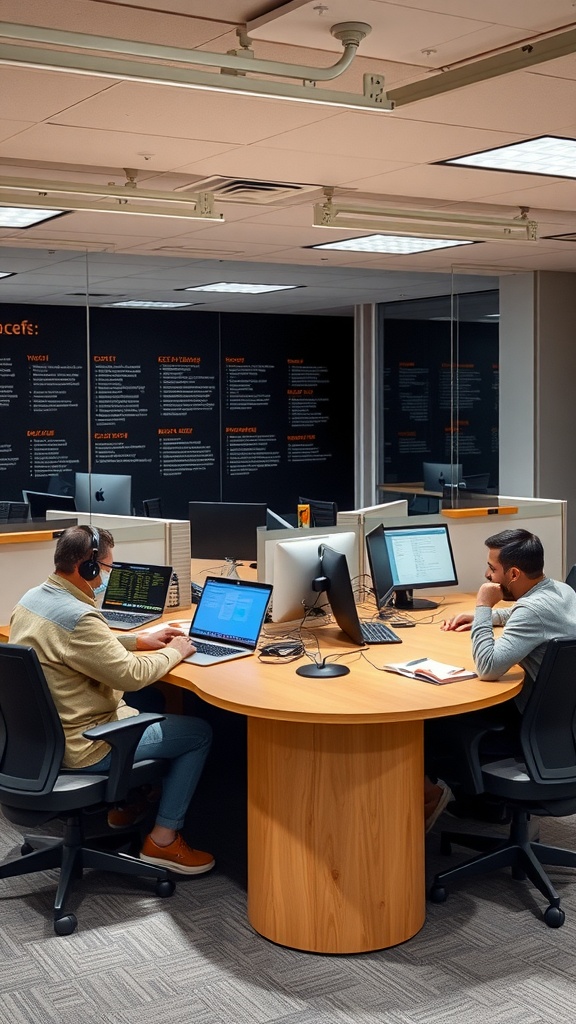 Two people working at a rounded corner desk with computer monitors in a shared workspace.