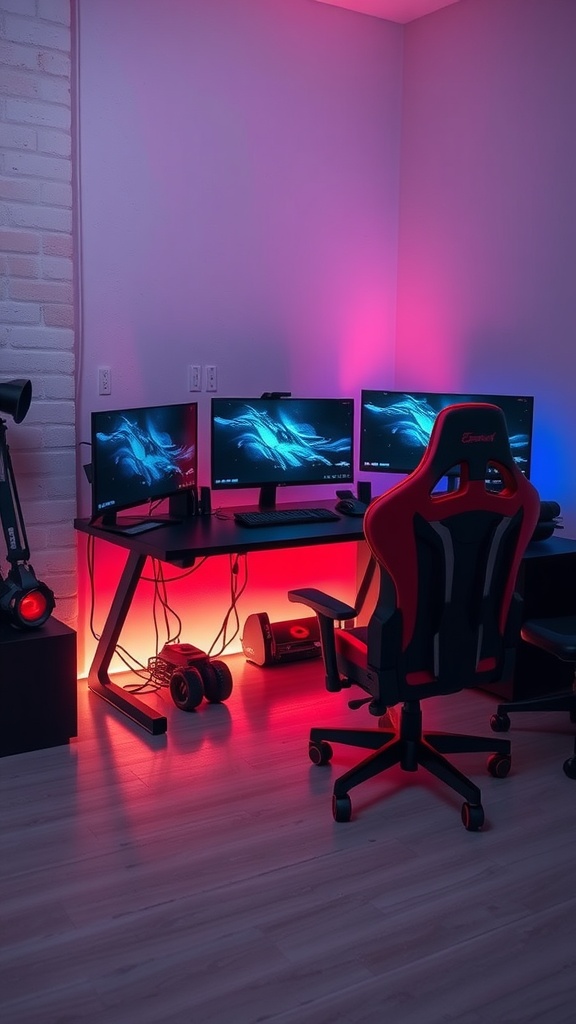 A modern corner desk setup designed for gaming, featuring multiple monitors, a gaming chair, and colorful lighting.