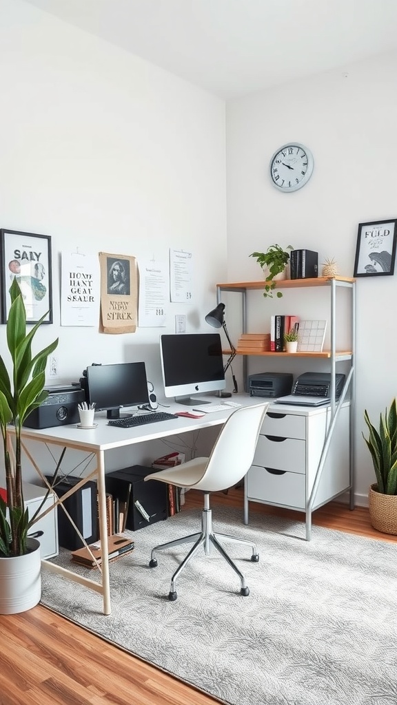 A corner desk setup featuring two monitors, a chair, shelves with books, and plants.