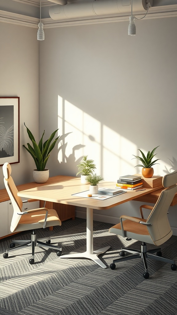 Corner L-shaped desk setup for two in a bright home office