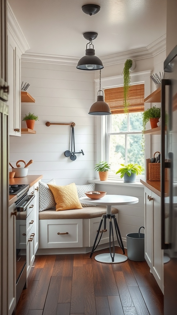 A small kitchen with a cozy corner nook featuring a built-in bench, round table, plants, and light-colored cabinetry.