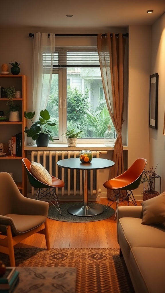 Cozy corner with a small round dining table and two chairs, featuring a window with curtains and plants, in a small living room.