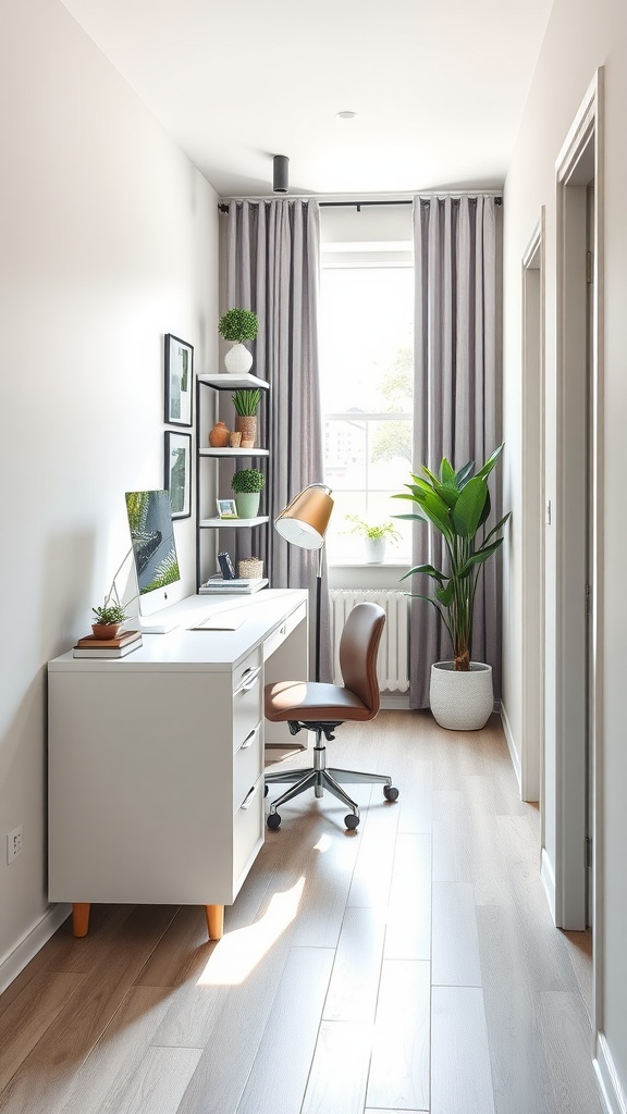 A stylish corridor home office featuring a white desk, modern chair, and plants, illuminated by natural light.