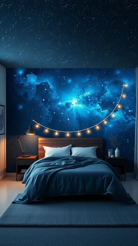 A dark bedroom decorated with a cosmic night sky mural and soft lighting.