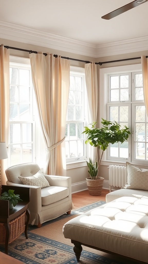 A cozy living room with cottage-style curtains framing large windows, a comfy chair, and a potted plant