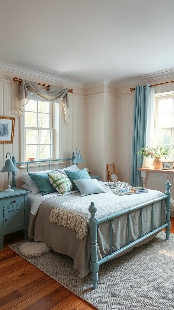 Cottage-style bedroom featuring a teal bed frame, grey bedding, and natural light from large windows.