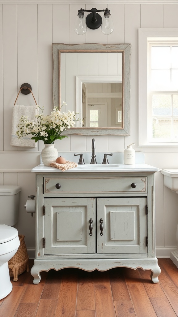 Cottage-style vanity in a farmhouse bathroom, featuring a soft blue cabinet, white countertop, and flowers.