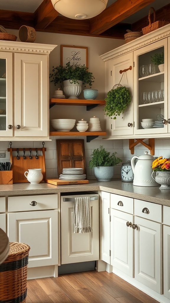 A cozy cottage-style kitchen featuring light-colored cabinets, rustic wooden shelves, and neatly organized dishware.