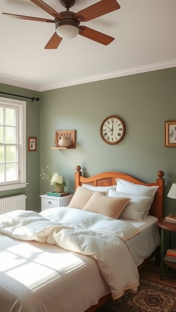 Cozy cottage style sage green bedroom with wooden bed, light bedding, and vintage decor.