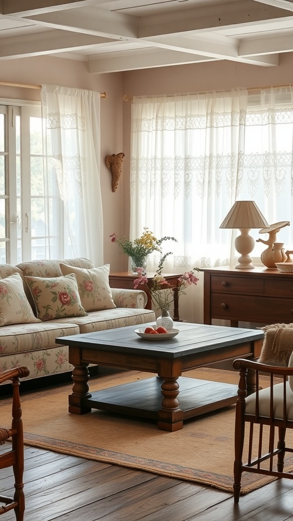 Cozy cottagecore living room with floral sofa, wooden coffee table, and natural light.