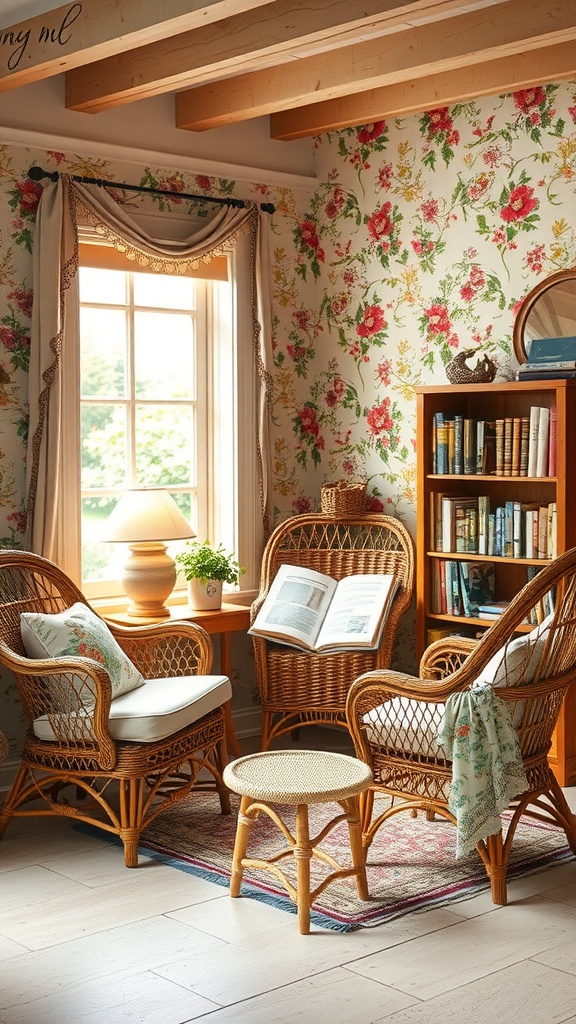 A cozy reading nook featuring wicker chairs, floral wallpaper, and a small table, embodying the cottagecore aesthetic.