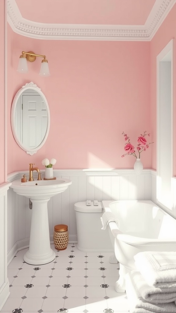 A light pink bathroom featuring white wainscoting, a gold-accented sink, and decorative flowers.