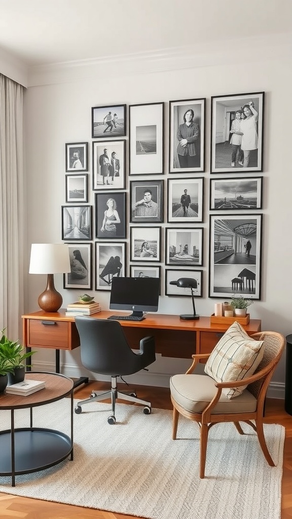 A cozy home office featuring a light couch in front of a gallery wall filled with black and white framed photos.