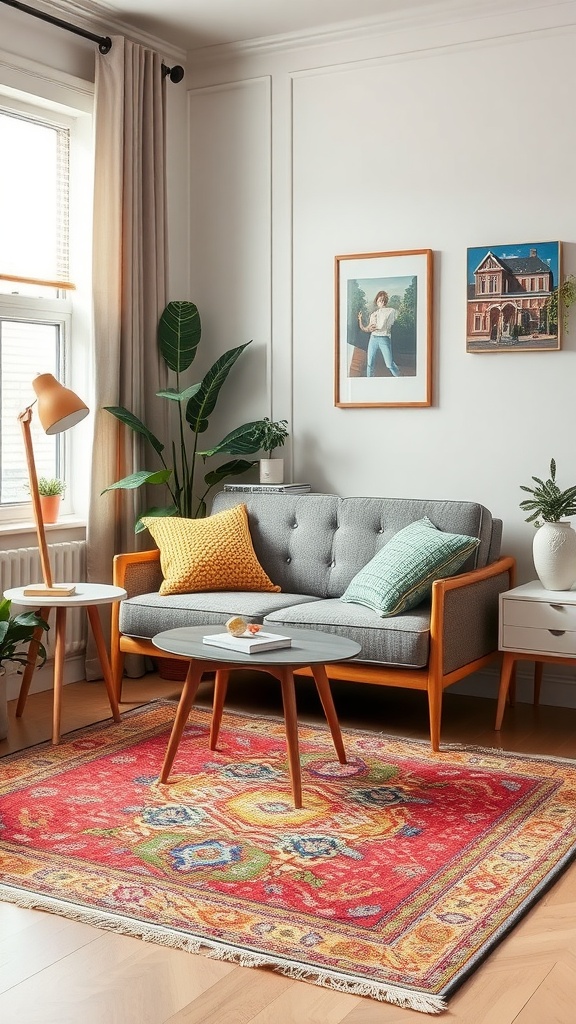 A cozy home office with a modern couch, colorful cushions, and a vibrant area rug