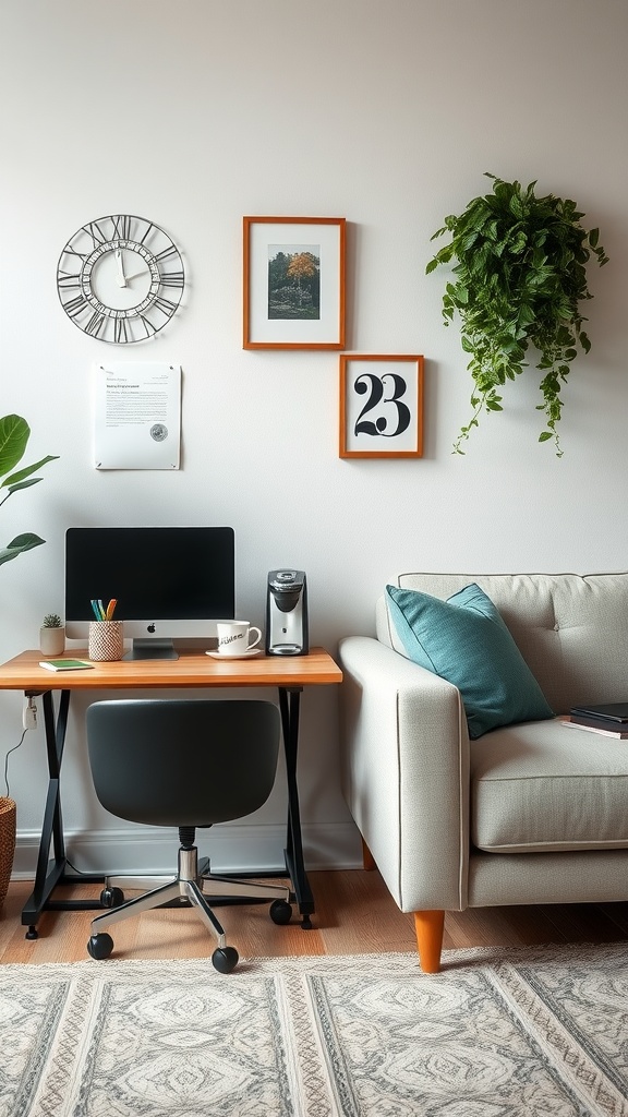 A cozy home office with a couch and a coffee station, featuring a desk with a computer and decorative wall art.