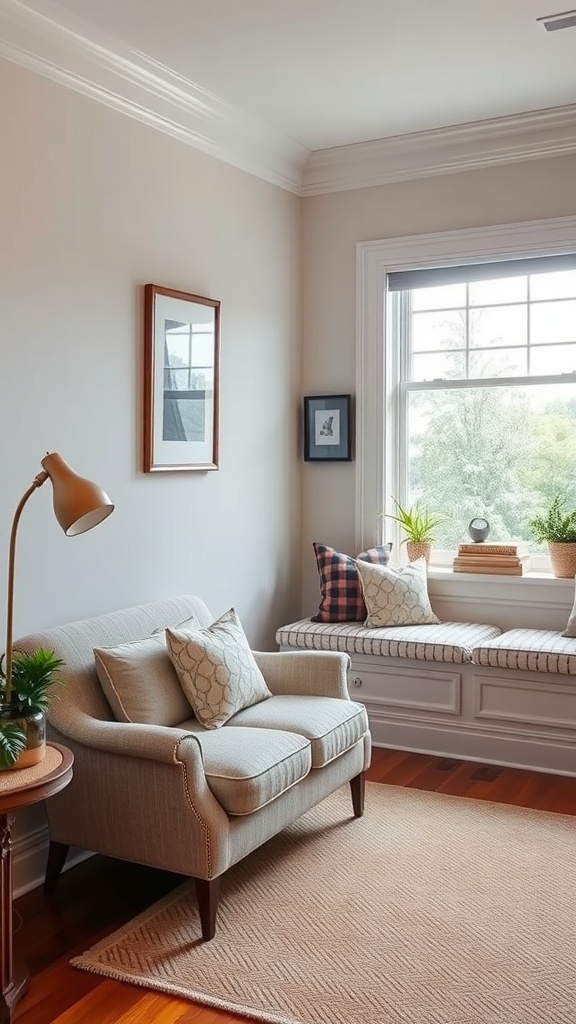 A cozy home office with a couch and a window seat, decorated with cushions and plants.
