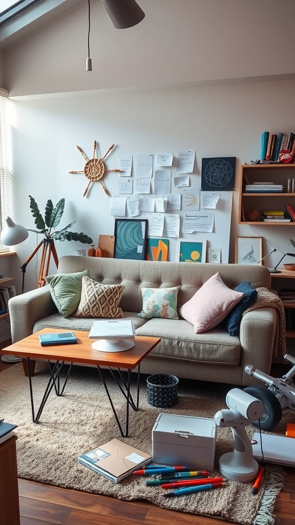 A cozy home office with a couch, creative wall art, and a cluttered workspace.