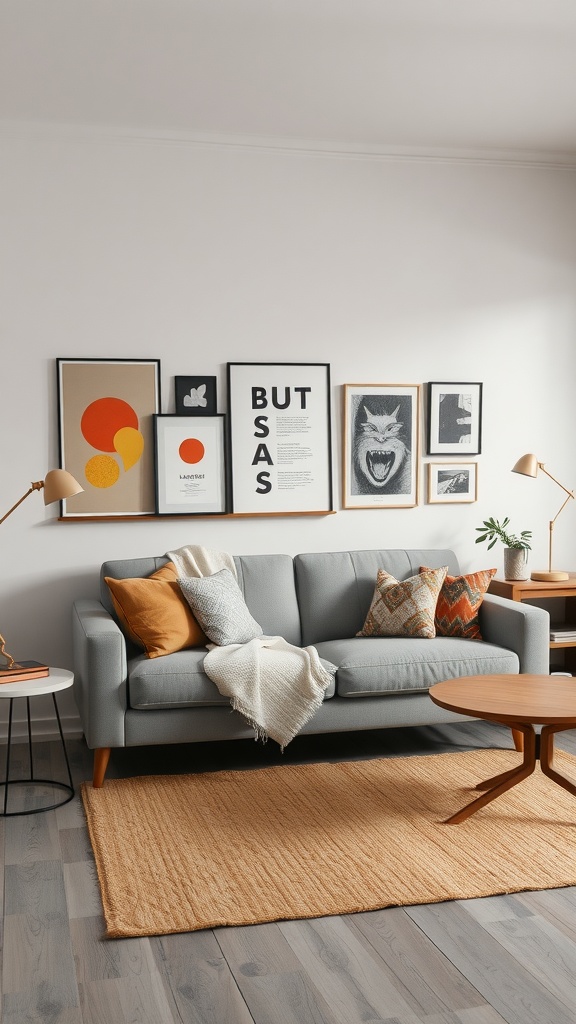 Stylish home office featuring a gray couch with colorful pillows, modern artwork on the wall, and a round coffee table.