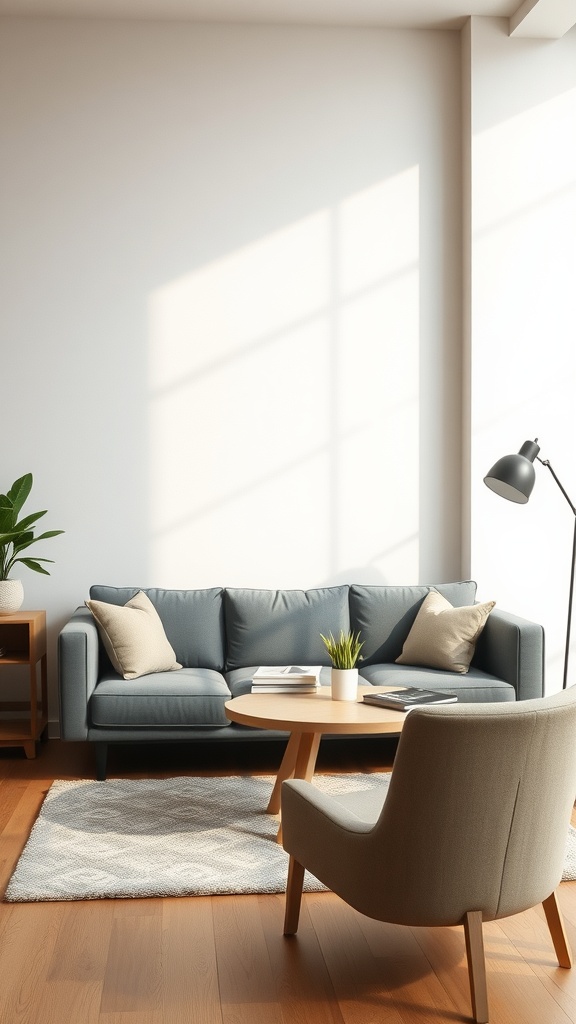 A cozy home office with a blue couch, round coffee table, and a plant, illuminated by natural light.