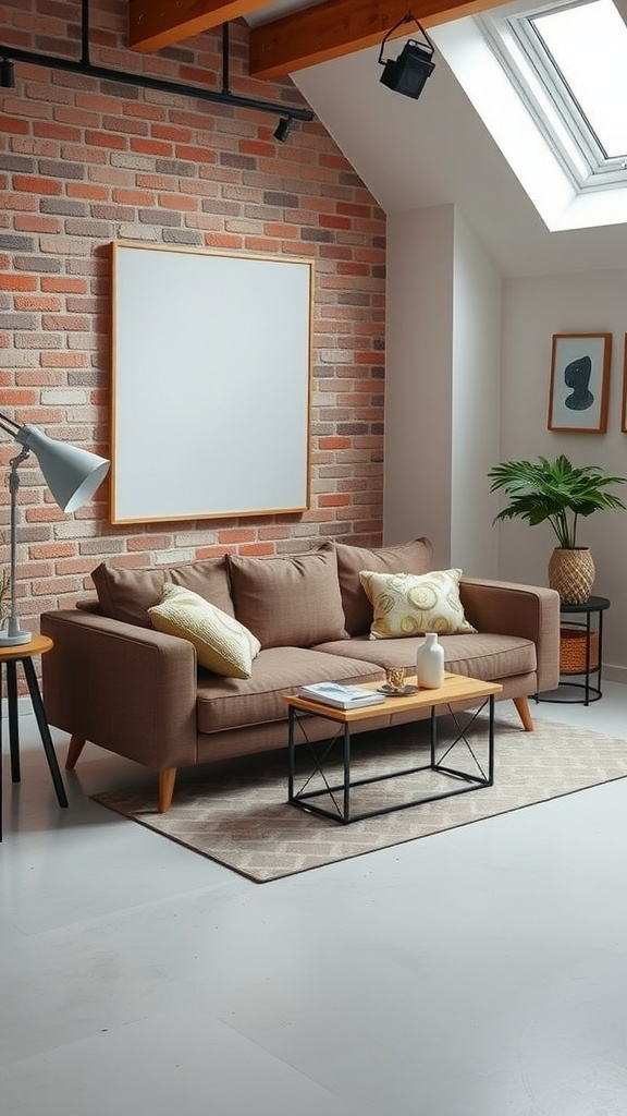 Cozy studio space featuring a brown couch, a coffee table, and a brick wall with natural lighting