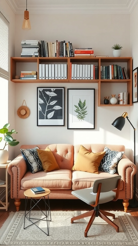 Cozy small office with a couch, shelves, and a reading nook.