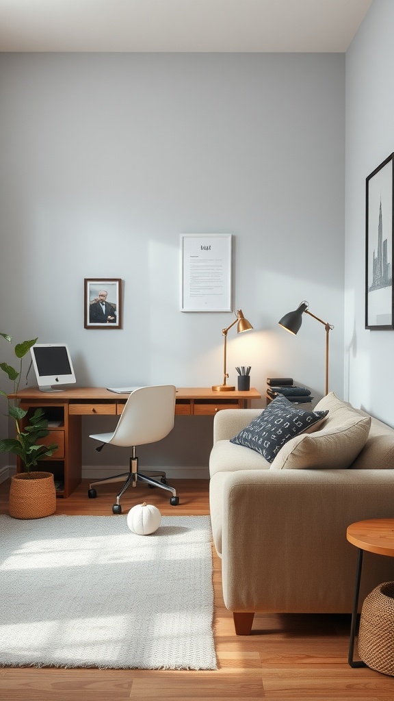 Cozy home office featuring a couch in a corner with a desk and chair.