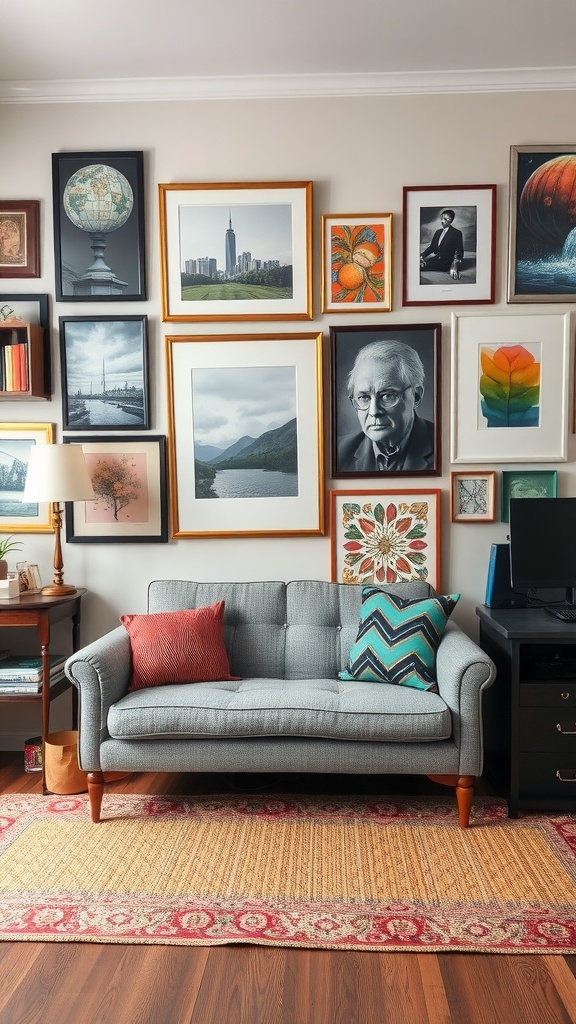 A cozy couch surrounded by a variety of framed artworks in a home office setting.