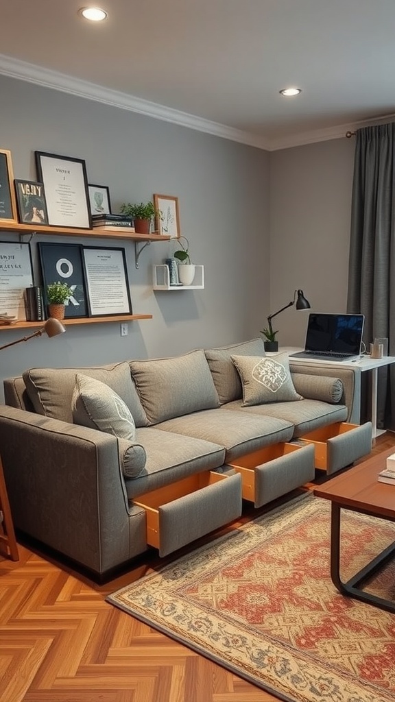 A cozy gray couch with built-in drawers, placed in a stylish home office setting, with decorative shelves and a desk.