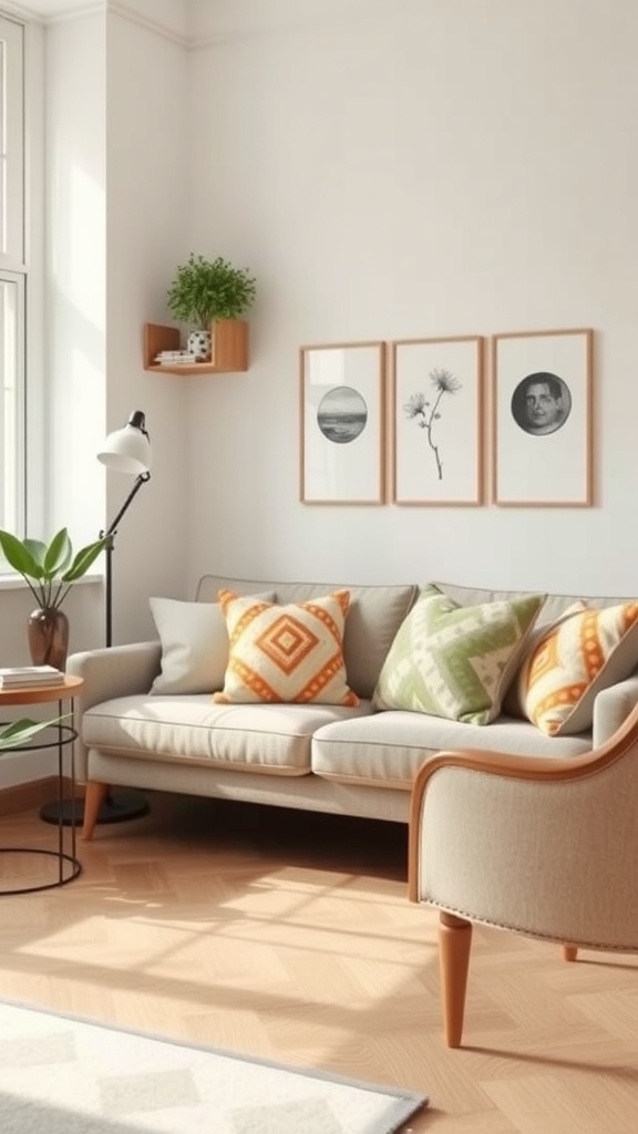 A cozy home office featuring a couch with colorful decorative pillows and a stylish lamp.
